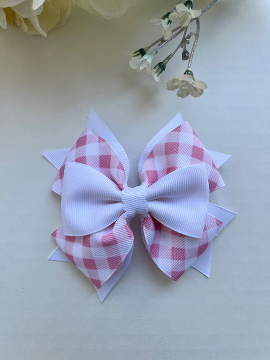 5-piece pink and white gingham combo layered clip in hair bow