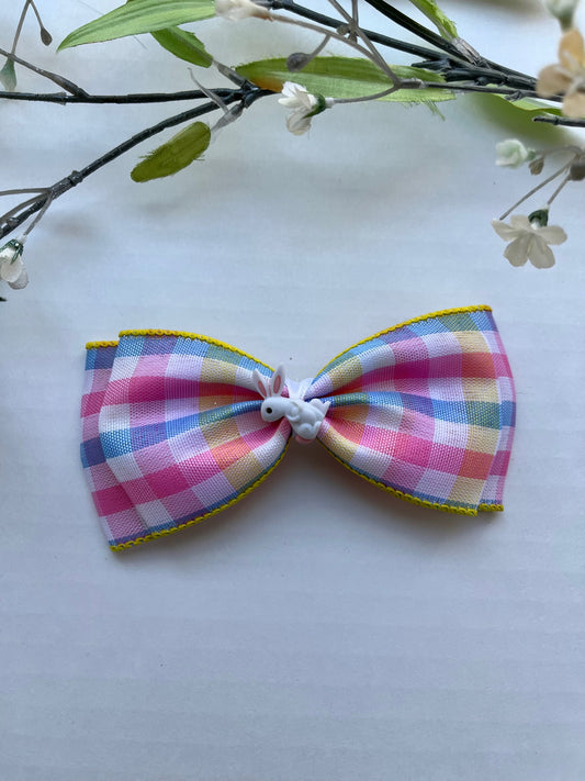 Easter plaid print double with bunny charm center clip in hair bow