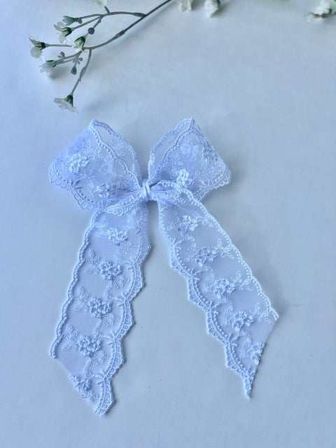White lace embroidery long tail clip in hair bow