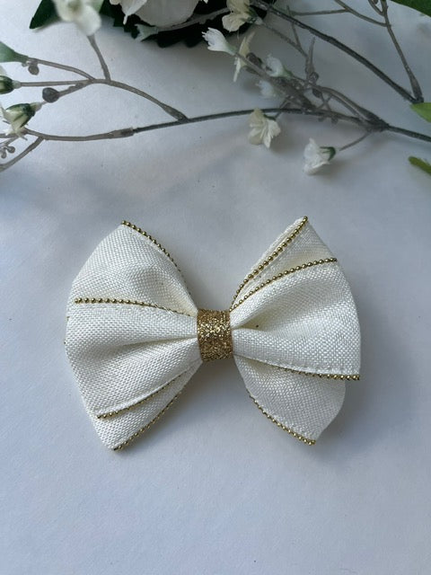 Ivory burlap gold beaded edge triple layer clip in hair bow