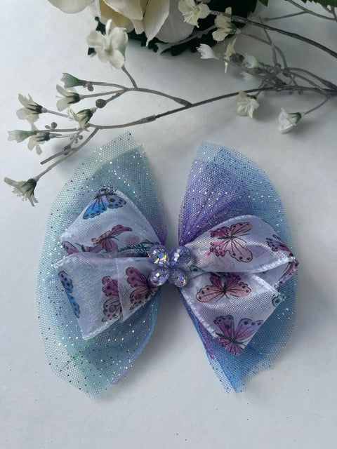 Butterfly print organza and ombre mesh clip in hair bow