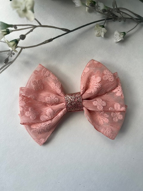 Peach floral jacquard mesh elegant clip in hair bow
