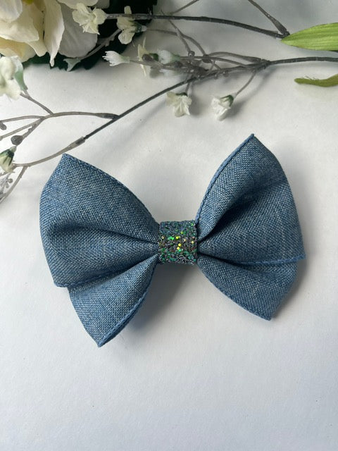Light blue jean butterfly pinch center clip in hair bow